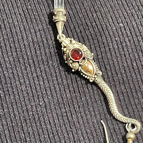 Sterling Silver, Gold, Garnet with a dangling Crystal, Snake Earrings.! - Picture 3 of 7